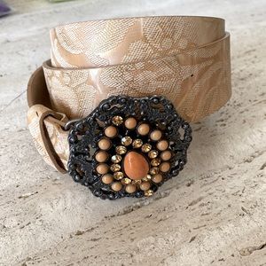 Streets Ahead Tan Leather Belt with Rhinestone & Gemstone Silver Buckle 35518